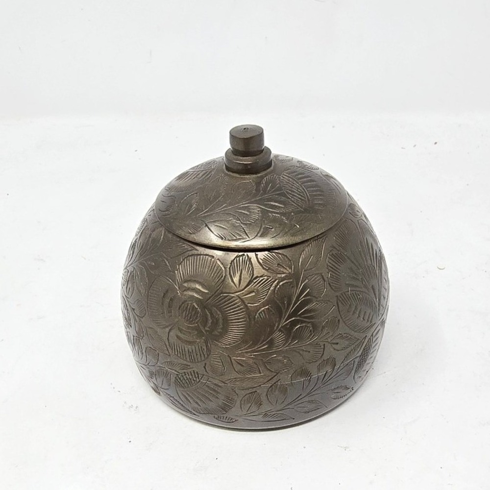 Vintage hand etched brass lidded jar floral engraved spherical sugar bowl pot